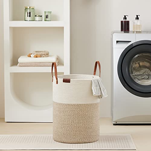 Viposco Tall Laundry Basket, Large Dirty Clothes Hamper With Leather Handle, Woven Rope Storage Basket For Blanket, Toy In Living Room, Bathroom, Bedroom - 58L White & Brown #TOP6