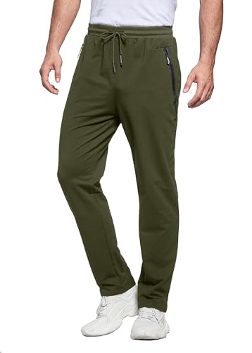 ZOXOZ Mens Tracksuit Bottoms Open Hem Trousers Mens Joggers Slim Fit Cotton Jogging Bottoms Elasticated Waist Zip Pockets Green XL