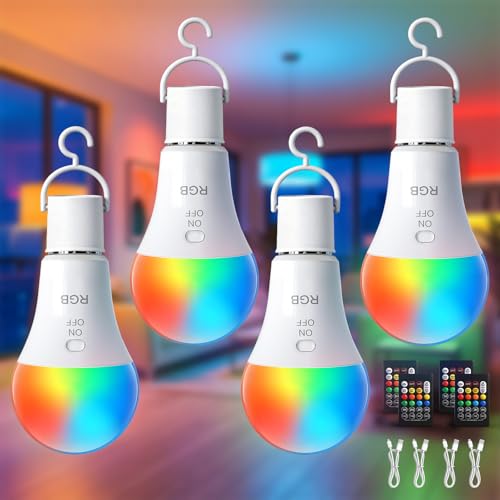 TaoFiaCo E27 Lampadina Ricaricabile con Telecomando - Lampadina Batteria RGB Dimmerabile 7W USB-C - Senza Fili Controllo dei Pulsanti per Campeggio Come Lluminazione di Emergenza 4 Pezzo