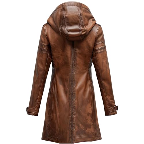 Men's Vintage Brown Distressed Sheepskin Leather Trench Coat with Hood, Mid-Length Casual Winter Jacket.2