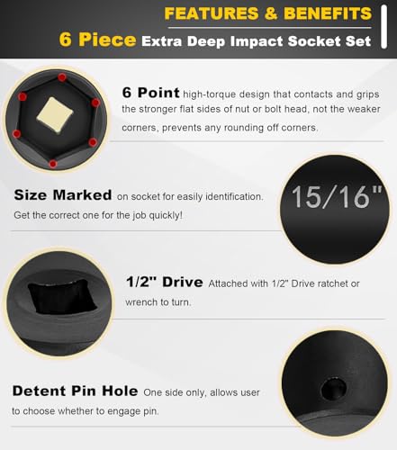 Image of 1 /2 Inch Drive Extended Length Impact Socket Set - 6 Piece Extra Deep Impact Socket Set - Hex Size 3 /4 inch, 7 /8 inch, 15 /16 inch, 1-1 /16 inch, 1-1 /8 inch, 1-1 /4 inch Heavy Duty With Storage Case For High Torque Use