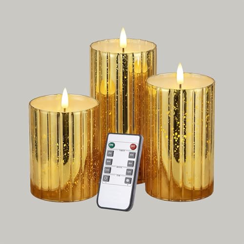 volnyus Gold Glass Flameless Candles Set - 3 Pack( 3 H 4 5 6) with Remote Battery Operated Flickering LED Pillar Candles Starscape LED Night Lights for Christmas Home Decor