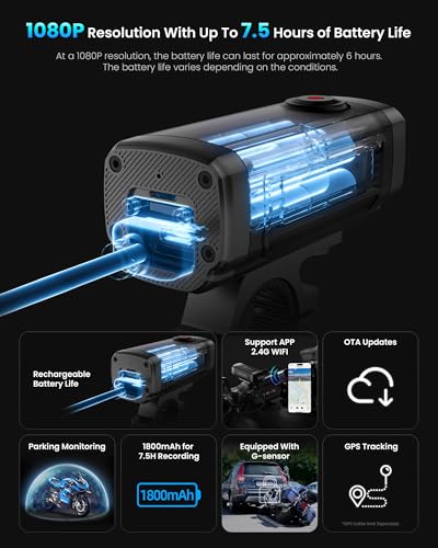 AKEEYO AKY-710Lite Motorradkamera/Fahrradkamera 2K30FPS WiFi-Actionkamera mit Ultra HD, IP66 Wasserdicht mit Loop- Und Notfallaufzeichnung, Parkmonitor, Wiederaufladbar, 7.5 Stunden Verlängerter Akku