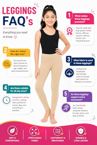 Image of BODYCARE Girls Cotton Stretch Leggings, Elastic Waist Ankle Length Leggings for Kids, Soft