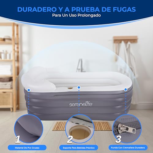 Miniatura 3 de Serenelife Bañera Hinchable Adulto, Con Respaldo Y Reposabrazos, Inflable, Con Hidromasaje Y Colchoneta De Burbujas, Incluye Cojin, Portavasos Y Mando Para Luces Led