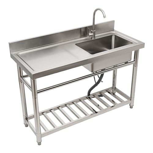 Commercial Stainless Steel Kitchen Sink Prep Counter, Freestanding 1 Compartment Utility Sink, Single Bowl Outdoor Sinks with Pull Out Faucet, For Restaurant, Garage