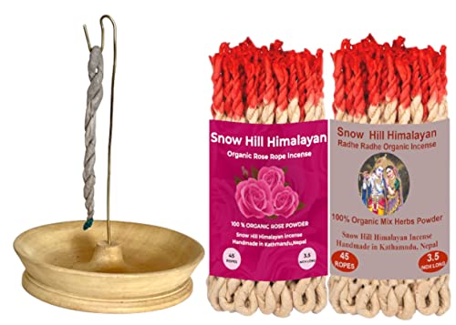 Snow Hill Incense Rope Holder Burner With 2 Packet Rose & Radhe Radhe Incense Rope Organic Composed Of 26 Ritual Ingredients -Wooden Incense Ash Catcher Burner - Handmade In Nepal #TOP6