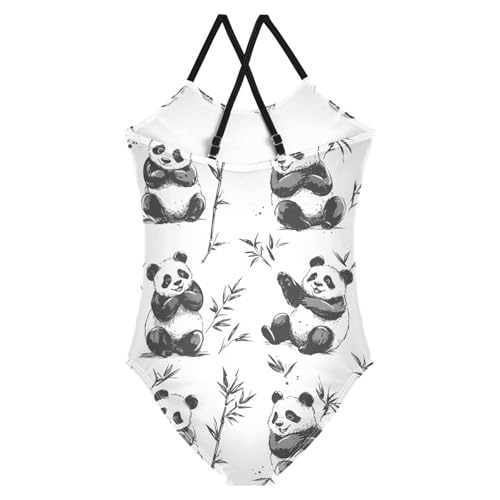 Pigsaly Girls One Piece Swimsuits Black White Watercolor Happy Pandas Kids Cross Back Swimwear Beach Sport Bathing Suit 3T2