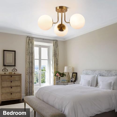 Bektas 3-Lights Semi Flush Mount Ceiling Light Fixture Brushed Gold Light Fixture Bend Modeling with Milk Glass Globe for Bedroom,Living Room,Dinning Room Foyer Hallway by Bektas - Used condition - Image 5