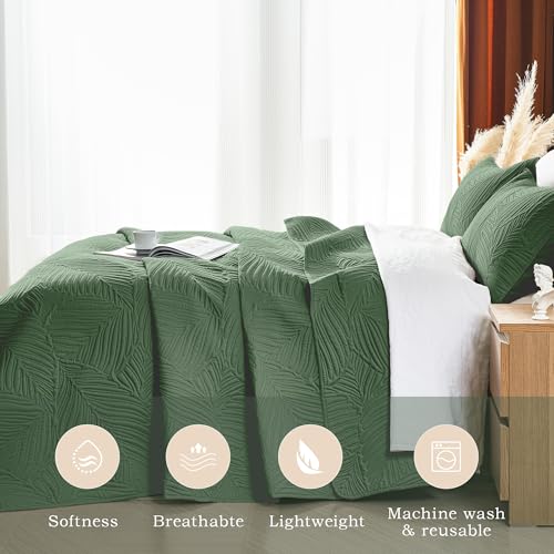OARAGE Queen Quilt Bedding Set Soft Lightweight Olive Green Bedspread with Leaf Pattern,Ultrasonic Microfiber Bed Coverlet Full Size for All Season (1 Quilt, 2 Shams) - Image 4