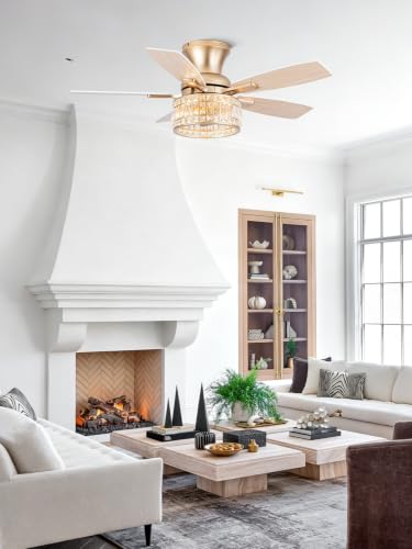 Image of 42 inch Flush Mount Low Profile Gold Crystal Chandelier Fan with Light