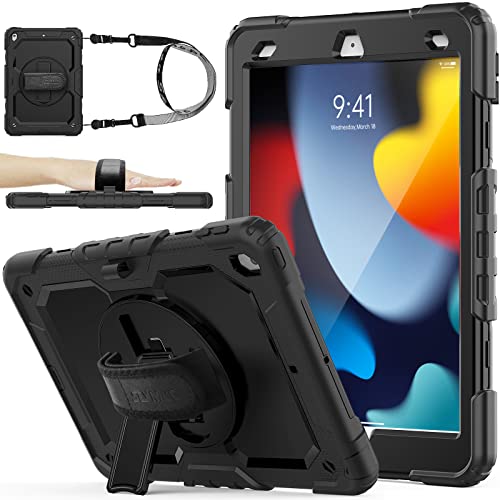 SEYMAC stock Funda para iPad 9.ª/8.ª/7.ª Generación 10,2 Pulgadas, Funda Resistente con Protector de Pantalla,Portalápiz,Correa de Mano giratoria 360,Soporte para iPad 10.2 2021-2019, Negro