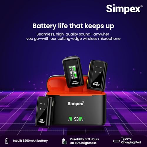 Image of Simpex (M-90 2-in-1 Wireless Microphone with TFT Card Recording & 360 Sound Capture, 100m Range, 2.4 GHz RF, 9Hrs Run Time, Noise Cancellation, Plug & amp; Play, Compatible with Android, iOS, DSLR