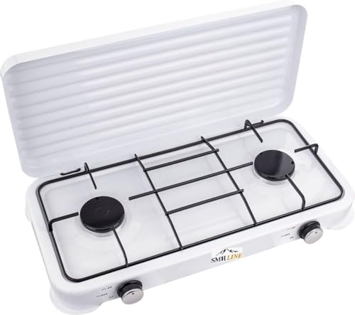 SMH LINE® Réchaud à gaz de camping 2 Feux lumières, 50 mbar, gaz propane, 4,4 kW, plaque de cuisson camping, bouteille à gaz, cuisinière extérieure, XL...