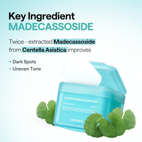 MEDIHEAL Madecassoside Blemish Pad - Square Cotton Facial Toner Pads with Centella Asiatica & Madecassoside – Anti Blemish to Improve Uneven Skin Tone - Vegan Face Gauze Pads, 100