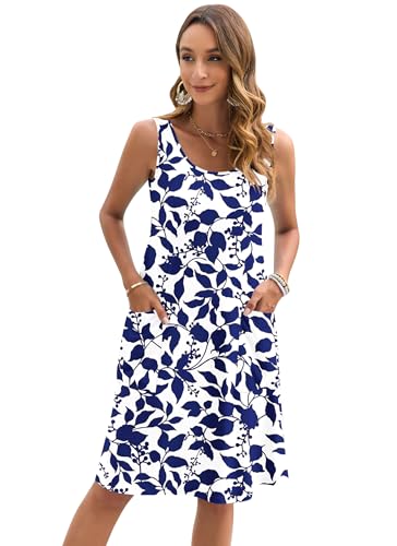 Auselily Summer Dresses Women Uk Sleeveless Knee Length Women Casual Beach Dresses Light Swing Tank Dress With Pockets Navy Blue Leaves Xl - 4