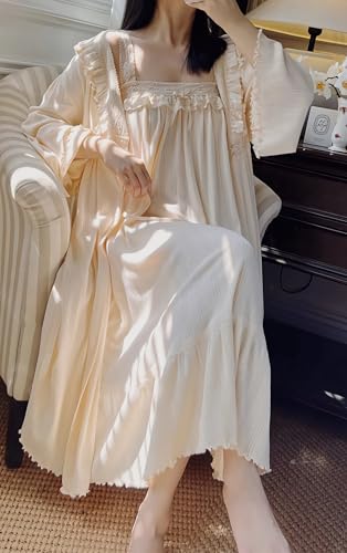 Women's Vintage Nightgown with Robe 2 Pcs Cotton Victorian Sleepwear Sexy Slip Dress Robe Set4
