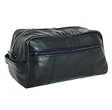 Mens Black Leather Toiletry Bag, Genuine Leather Dopp Kit for Travel 5.5 by 9.5 inches