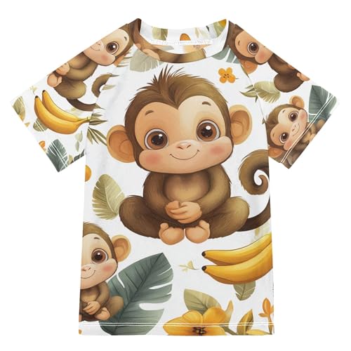 Wudan Cute Baby Monkey Kids Bathing Suit Short Sleeves Girl Swim Rashguard Swimwears Shirts for Teen Boys 5-6T