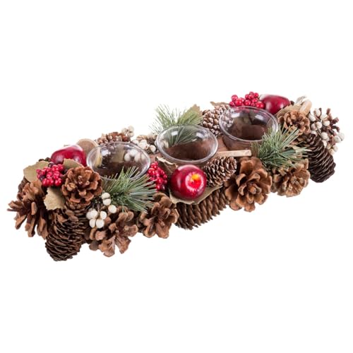 Centro de Mesa de Navidad con 3 portavelas piñas y Acebo de 36x15x9 cm