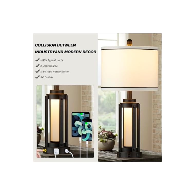 25" Modern Table Lamps Set of 2, Industrial Beside Lamps with USB A+C Charging Ports & AC Outlet, Nightstand Lamp with Glass Night Light for Living Room Bedroom End Table Decor White(4 Bulbs Included) - Image 4
