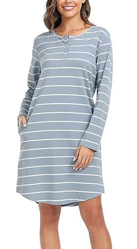 Lovasy Camisones de Mujer Invierno Algodon Camisón Manga Larga Botones Camison Lactancia Mujer Dormir con Bolsillos,Azul Claro,L