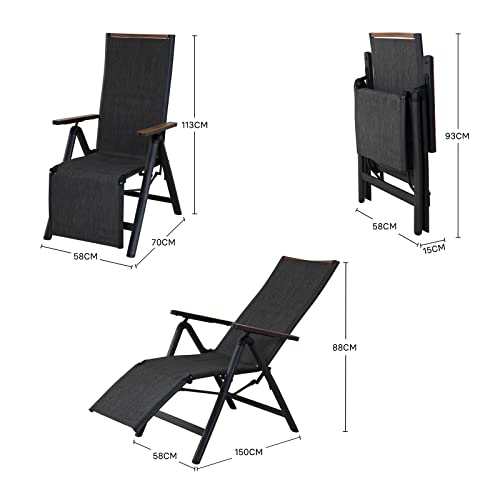 Grand patio Gartenstuhl Klappbar, Aluminium Liegestuhl Hochlehner mit 6-Fach Verstellbare, Mesh Gewebe, Wetterfest, Gartenliege für Balkon, Terrasse, Garten (Schwarz)