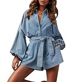 Lantern Long Sleeve Denim Romper for Women Elastic Waist Tie Front Short Jean Jumpsuit without Pocket