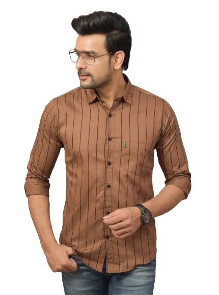 Image of Solid Regular Fit Cotton Casual Strips Shirt for Men || Spread Collar || Full Sleeves (X-Large, Brown)