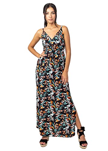 Robe longue fluide Gloria à fines bretelles et motif feuillage exotique