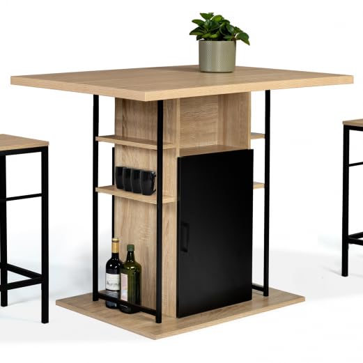 IDMarket – Ilot Central UGO 110 cm madera negra e imitación haya con almacenamiento diseño industrial