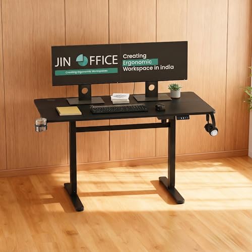 JIN OFFICE EcoSmart Electric Height Adjustable Desk| Sit Stand Table,80 Kg Load, 2 Year Warranty| Standing Desk with Cup Holder, Memory Preset, Stabil