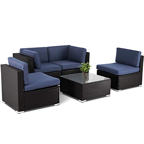SUNCROWN 5-Piece Outdoor Patio Furniture Sofa Set All-Weather Wicker Sectional Sofa Couch Conversation Sets with Washable Cushions and Coffee Table (Dark Blue)