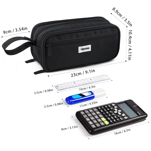 Image of TOPBIDAI Large Pencil Case Pouch for Girls Boy Women Men Adults | Big Capacity Canvas Pencil Bag, Office School Supplies, Multi Compartment Zipper Stationery Pen Box (Coal Black)