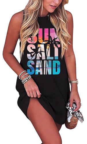 Image of Sun Salt Sand Coconut Tree Tank Mini Dress for Women Sleeveless Beach Praty Shirts Summer Vacation Short Mini Dresses