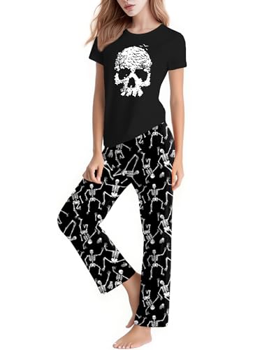 VVNTY Halloween Women's Pyjama Sets Maple Pumpkin Pjs Ladies Halloween Top and Trousers Sleepwear (Black1,XL)