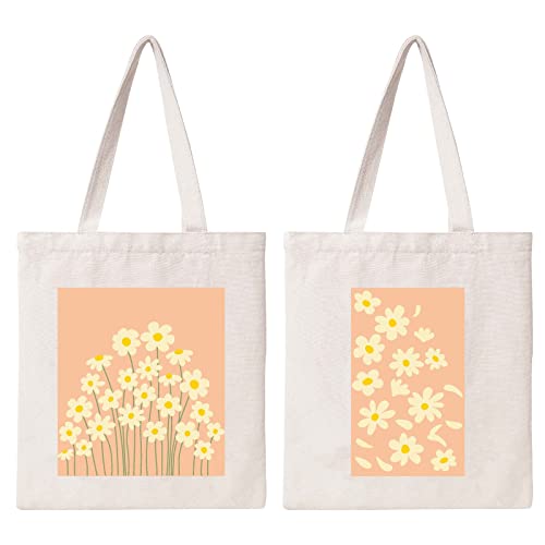 Kazova Aesthetic Daisy Cotton Canvas Tote Bag Floral Bouquet Tote Bag Reusable Canvas Shopping Wildflower Botanical Boho Flower Tote Bag Gift #TOP8
