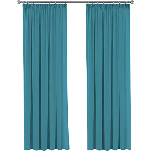 Blackout Thermal Insulated Window Treatment Bedroom Curtains, Soft Pencil Pleat Noise Reducing Curtain Draperies for Livingroom with Two Free Tiebacks - Teal, 66" Width x 90" Drop, 2 Panels