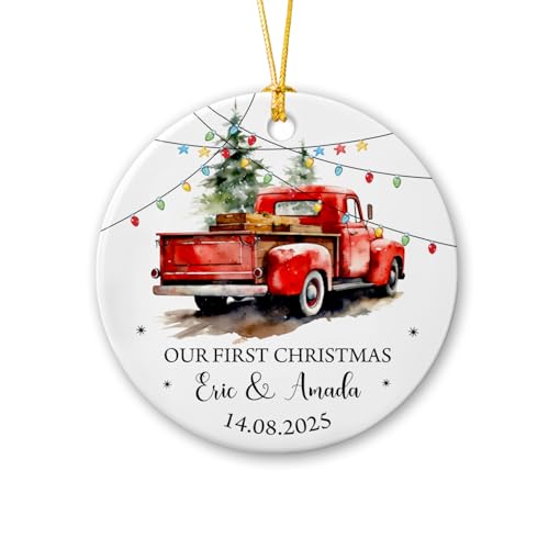Cenluxy Our First Christmas Just Married Red Truck Personalized Ceramic Ornament 2025, Custom Names & Date Christmas Tree Ornament Gift for Newlywed Couples