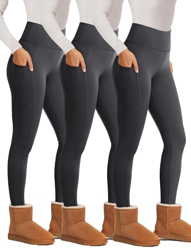 Showitty 3 Pack Fleece Lined Leggings Women with Pockets -