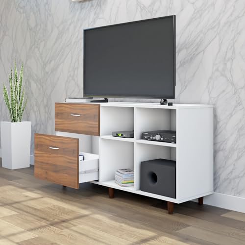 Image of VIKI Modern TV Unit for Living Room | Engineered Wood TV Cabinet with 2 Drawer Storage & 2 Open Shelves, Entertainment Unit, 140W x 74H x 40D cm | DIY | 1 Year Warranty (White & Walnut)