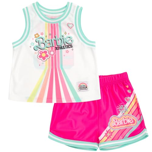 Barbie Toddler Girls Jersey Athletic Tank Top and Shorts Outfit Set Logo Retro White/Pink 5T