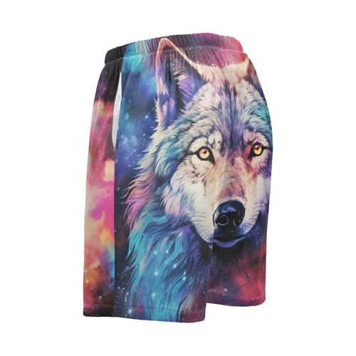 ALAZA Wolf Colorful Sky Space Galaxy Wolf Men's Pajama Shorts with Pockets3