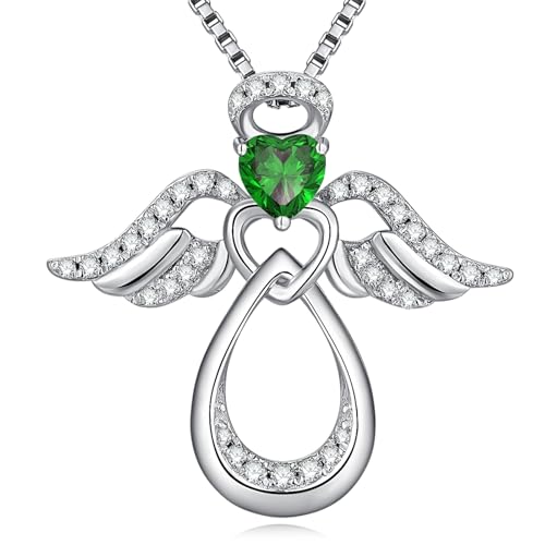 925 Sterling Silver Guardian Angel Pendant Necklace for Women with Birthstone Cubic Zirconia Little Angel Pendant Necklace Jewelry 18 inch Chain