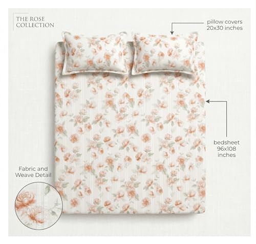 Image of VAS COLLECTIONS King Size Bedsheet Set Cloud Cotton 270x240 cm | Soft Breathable Flat Bed Sheet with 2 Pillow Covers | Floral Printed Bedsheet for King Bed | Durable Bedding Set, Rose Peach Ivory