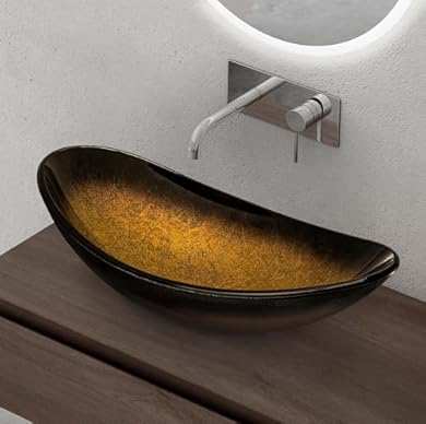 Foto di doporro Lavabo da Appoggio in Vetro Temperato Lavandino Bagno Ovale 53,5 x 35,5 x 16 cm Oro Nero Sfumato Lavello Design Artistico con Texture per WC Ospiti Minerva08