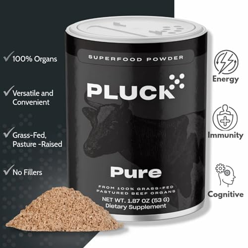 Pluck Pure | Beef Organ Supplement Powder | From 100% Grass Fed & Grass Finished Pastured Beef Liver, Kidney, Spleen, Heart, & Pancreas | 40 Servings