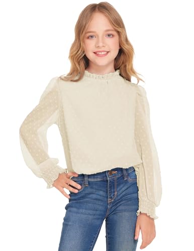 Image of Arshiner Girls Long Sleeve Shirts Chiffon Blouses Swiss Dot Frill Neck Top