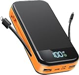Power Bank mit Kabel, 32000mah Powerbank Schnellladefunktion 22.5W QC3.0 PD20W, Externe Handyakkus LED Zeigt Das Eingebaute Kabel des Schnellladers, Powerbank USB C mit 3 Eingang 5 Ausgang, Orange