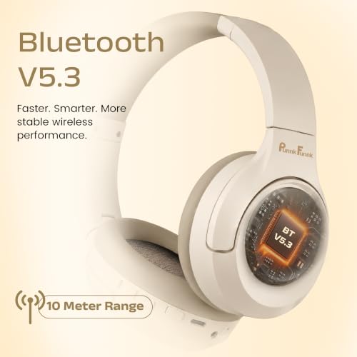 Image of PunnkFunnk BeatXtra Pro Wireless Bluetooth Headphones V5.3, Over-Ear Stereo Headset with 40mm Drivers, Noise Cancelling, Soft Cushioned Ear Cups, 10m Wireless Range, Teen & Adults (Beige)